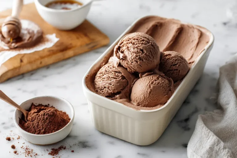 Ninja creami chocolate ice cream scooped into a ceramic bowl