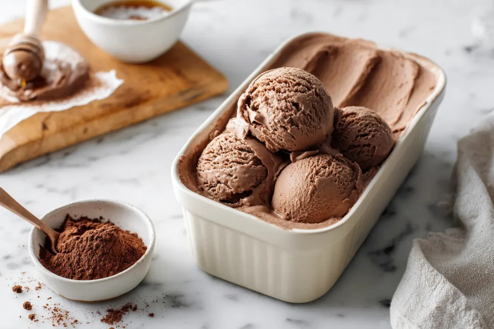 Ninja creami chocolate ice cream scooped into a ceramic bowl