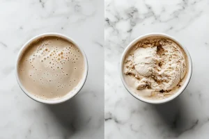 Side-by-side of a frozen ninja creami chocolate ice cream pint before and after processing in the Ninja Creami machine
