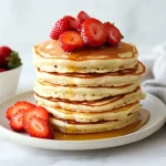 A golden stack of cottage cheese pancakes topped with fresh strawberries and maple syrup on a white ceramic plate.