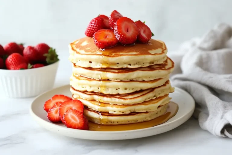 A golden stack of cottage cheese pancakes topped with fresh strawberries and maple syrup on a white ceramic plate.