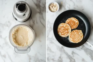 Two-step process for cottage cheese pancakes showing blended batter in a NutriBullet cup and golden rounds cooking in a non-stick pan.